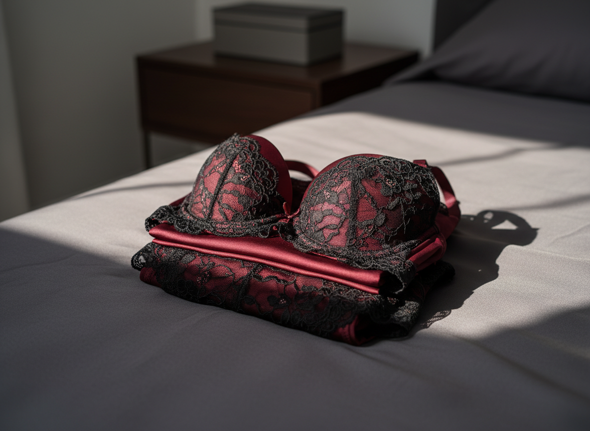 A carefully folded set of luxurious lingerie in deep burgundy satin and delicate black lace, arranged on a smooth, charcoal-grey silk bedsheet. The fabrics show subtle creases and fine stitching details, emphasizing the intimate, personal character of the items without any human presence. Soft, warm afternoon light falls in from an unseen side window, creating gentle highlights on the satin sheen and feather-light shadows along the lace edges. In the softly blurred background, a minimal nightstand with a closed box suggests discreet storage. Photographic realism, shot at a slightly elevated angle with shallow depth of field, creating a sophisticated, tasteful mood that feels private yet inviting.