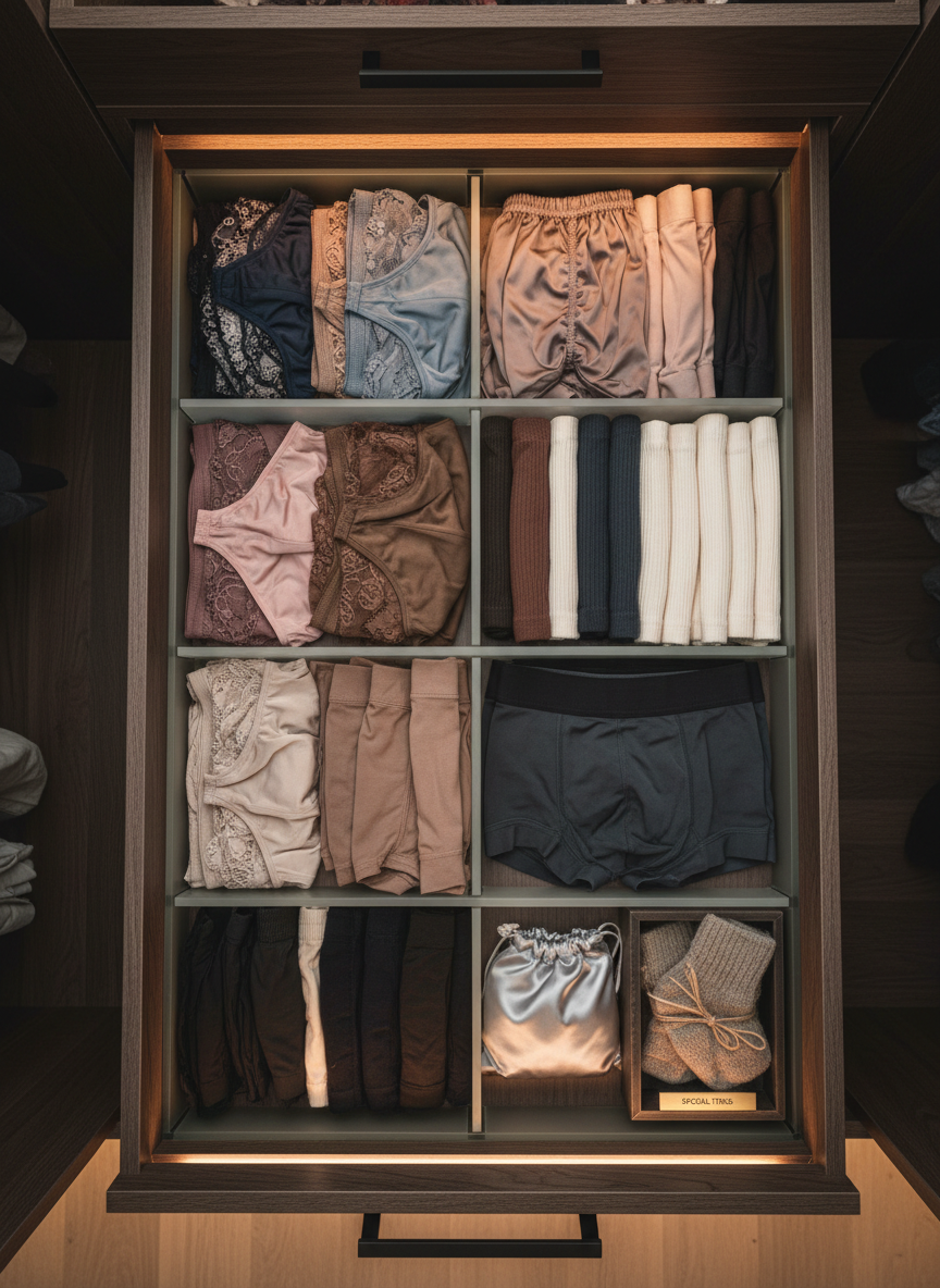 An inclusive, gender-neutral wardrobe vignette: an open drawer system with clearly separated sections containing a variety of intimate garments—delicate lace panties, silky boxers, soft cotton briefs, and athletic-style underwear—in muted, sophisticated colors like slate, mocha, and dusty rose. A small, sealed satin pouch and a wrapped pair of worn socks sit in a designated ‘special items’ compartment, indicating personal requests handled with care. The drawer unit is built into a modern, minimal closet with dark wood and matte metal details. Gentle overhead lighting and subtle under-shelf LEDs create soft highlights without harsh shadows. Photographic realism, shot from above with a balanced composition, conveying organization, privacy, and inclusivity for all genders without any human figures.